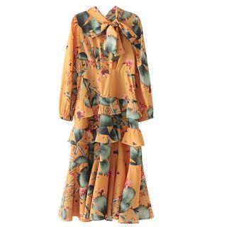 Tie-neck Long-sleeve Floral Print Midi A-line Dress