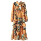 Tie-neck Long-sleeve Floral Print Midi A-line Dress