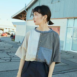 Color Block Elbow-sleeve Blouse