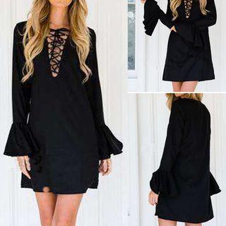 Lace-up Bell-sleeve Shift Dress