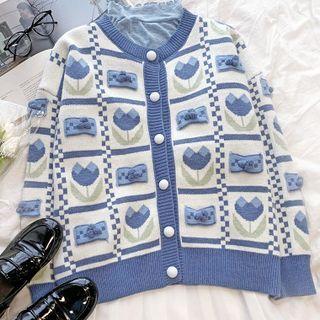 Long-sleeve Printed Knit Cardigan Print - One Size