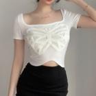 Short-sleeve Square-neck Butterfly Embroidered Crop Top