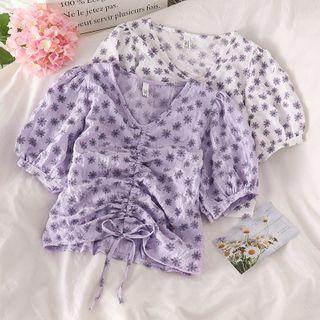 Floral V-neck Drawstring Short-sleeve Top