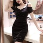 Cold Shoulder Short-sleeve Sheath Mini Dress Black - One Size