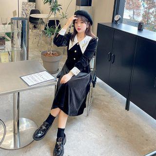 Floral Embroidered Wide-collar Midi A-line Shirtdress