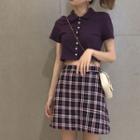 Short-sleeve Buttoned Cropped T-shirt / Plaid A-line Mini Skirt