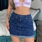 High Waist Heart Print Denim Mini Skirt