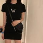 Butterfly Embroidered Short-sleeve Mini Sheath Dress Black - One Size