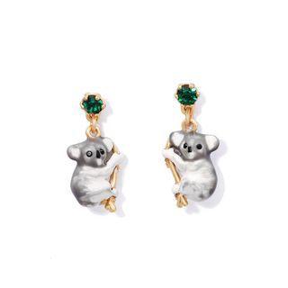 Fashion Cute Plated Gold Enamel Koala Stud Earrings With Green Cubic Zirconia Golden - One Size