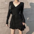 Long-sleeve V-neck Frill Trim Mini A-line Dress