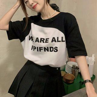 Elbow-sleeve Lettering Two-tone T-shirt White - One Size