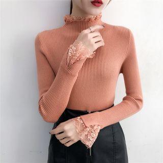 Lace Panel Mock-neck Long-sleeve Knit Top