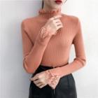 Lace Panel Mock-neck Long-sleeve Knit Top