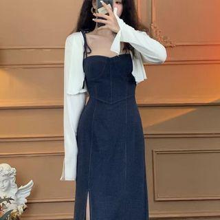 Short-sleeve Denim Slit Midi A-line Dress / Cropped Cardigan