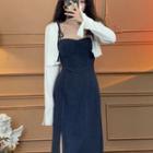 Short-sleeve Denim Slit Midi A-line Dress / Cropped Cardigan