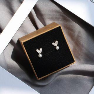 925 Sterling Silver Rhinestone Heart Faux Pearl Stud Earring 1 Pair - Heart - One Size