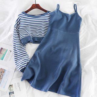 Set: Striped Loose-fit Top + Sleeveless Dress
