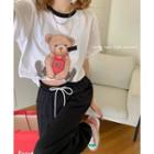 Short-sleeve Bear Print T-shirt / Drawstring Cropped Harem Pants