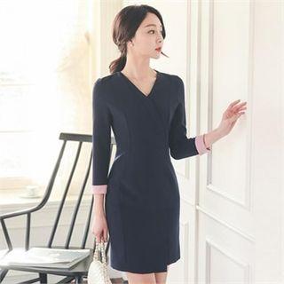 Contrast-cuff Slit-front Sheath Dress