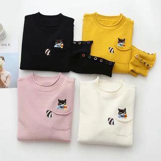 Eyelet Hole Fox Embroidered Pocket-front Knit Sweater