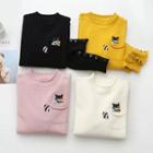 Eyelet Hole Fox Embroidered Pocket-front Knit Sweater