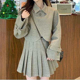 Plain Cropped Jacket / Pleated Mini A-line Skirt
