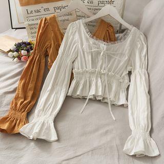 Mesh-trim Smocked-waist Crop Top