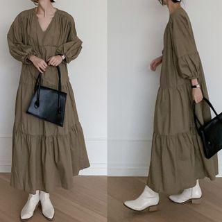 Balloon-sleeve Tiered Maxi A-line Dress Green - One Size