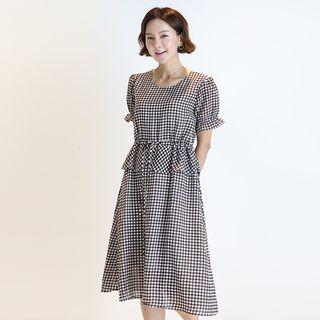 Puff-sleeve Frilled-detail Checked Dress