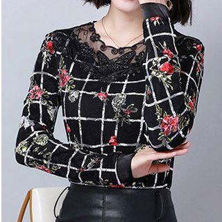 Long-sleeve Plaid Floral Lace Top