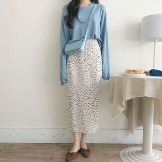Crew-neck Long-sleeve Knit Top / Dotted Midi Straight-fit Skirt