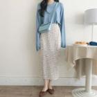 Crew-neck Long-sleeve Knit Top / Dotted Midi Straight-fit Skirt