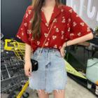 Short-sleeve Flower Print Shirt Red - One Size