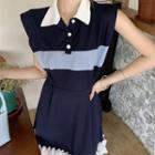 Sleeveless Polo Neck Color Block A-line Dress Dark Blue - One Size