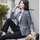 Plaid Blazer + Skinny Pants / Plain Camisole Top / Ruffle Trim Shirt / Set