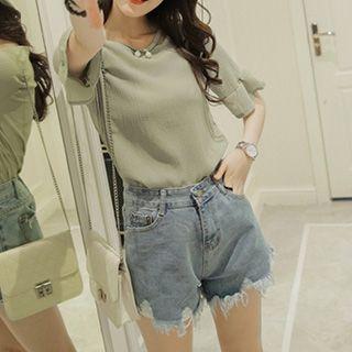 Set: Faux-pearl Accent Ruffle Trim Short-sleeve Top + Distressed Denim Shorts