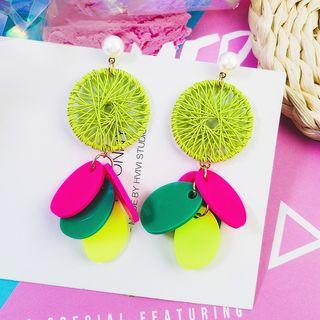 Woven Disc Acrylic Disc Fringed Earring 1 Pair - Yellow & Red & Green - One Size