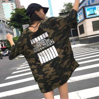 Elbow-sleeve Lettering Camouflage T-shirt