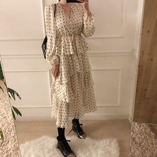 Dotted Long-sleeve Layered A-line Midi Dress