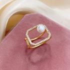 Faux Pearl Rhinestone Square Open Ring Gold - One Size