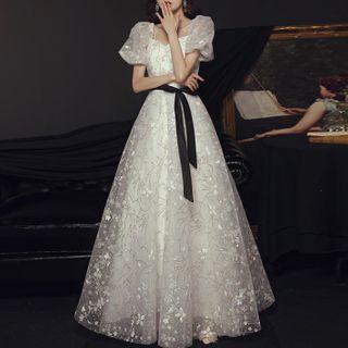 Bubble Sleeve Square Neck Embroidered Mesh Evening Gown