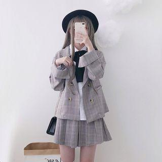 Bow Accent Blouse / Plaid Blazer / High Waist Pleated Skirt / Set