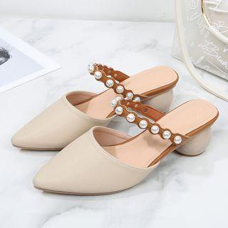 Block Heel Faux Pearl Pointed Mules