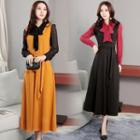 Long-sleeve Tie-waist Midi A-line Dress