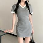 Short-sleeve Polo Neck Mini Sheath Dress Gray - One Size