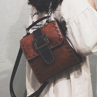 Contrast Stitching Buckled Faux Leather Backpack