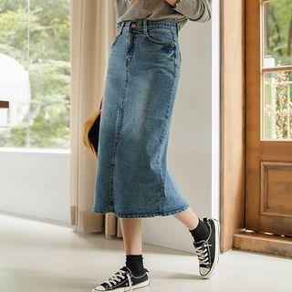 Band-waist Washed Long Denim Skirt