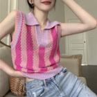 Collar Striped Knit Tank Top Pink - One Size