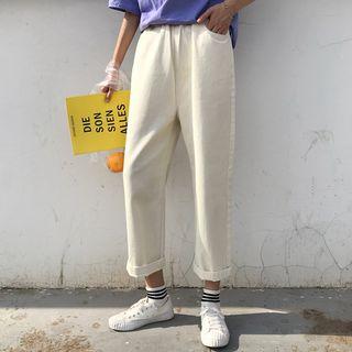 Elastic Waist Straight Cut Cropped Jeans
