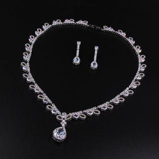 Set: Rhinestone Pendant Necklace + Dangle Earring Set - 1 Pair - Stud Earrings & Necklace - Zircon - White - One Size